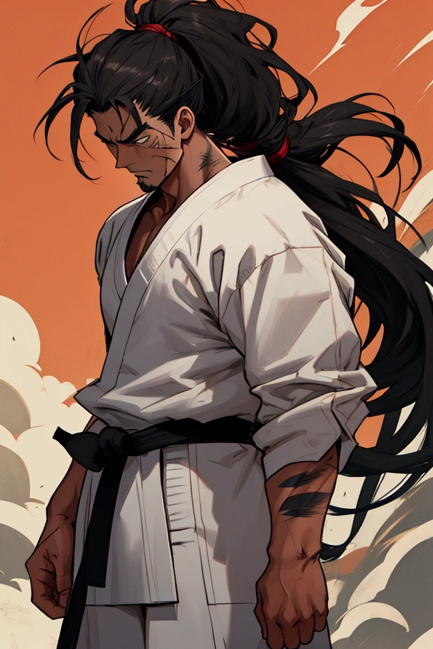 X stands approximately 1.85 meters (6 feet tall) Tall, with an athletic and muscular build that reflects his rigorous training. His body is wiry, marked by years of practice and combat, with visible scars on his arms and torso, reminders of his past battles. X's hair is black as ebony, Long and straight. He wears it tied back in a high ponytail when training or in combat, but he lets it loose on more relaxed occasions. A loose strand often falls over his forehead, adding an air of calculated disinterest. in a karate suit anime version