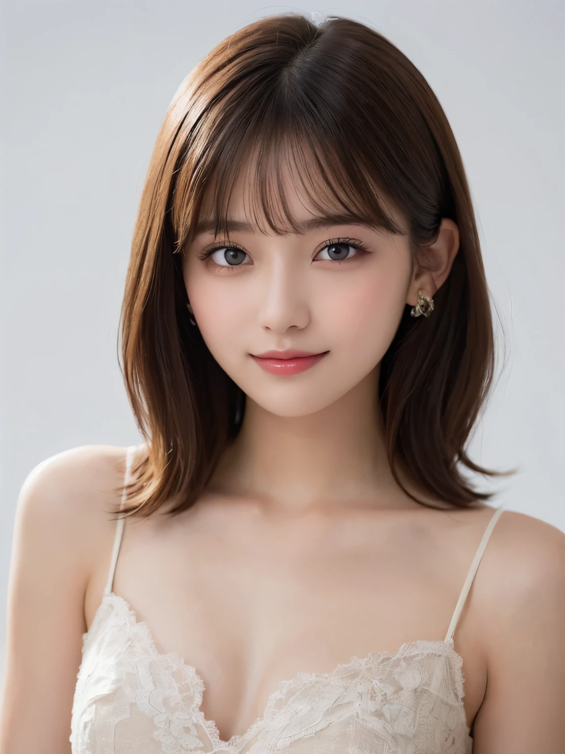 white background, half body portrait, bust shot, looks very happy, smile, one girl, (a beauty girl, delicate girl:1.3), (20 years old:1.3), break, (dress up as first lady), break, very fine eyes, (symmetrical eyes:1.3), break, D cup breasts, brown eyes, parted bangs, short hair, brown hair,  (eyes and faces with detailed:1.0), break, (masterpiece, best quality, ultra detailed, detailed face, 8k)