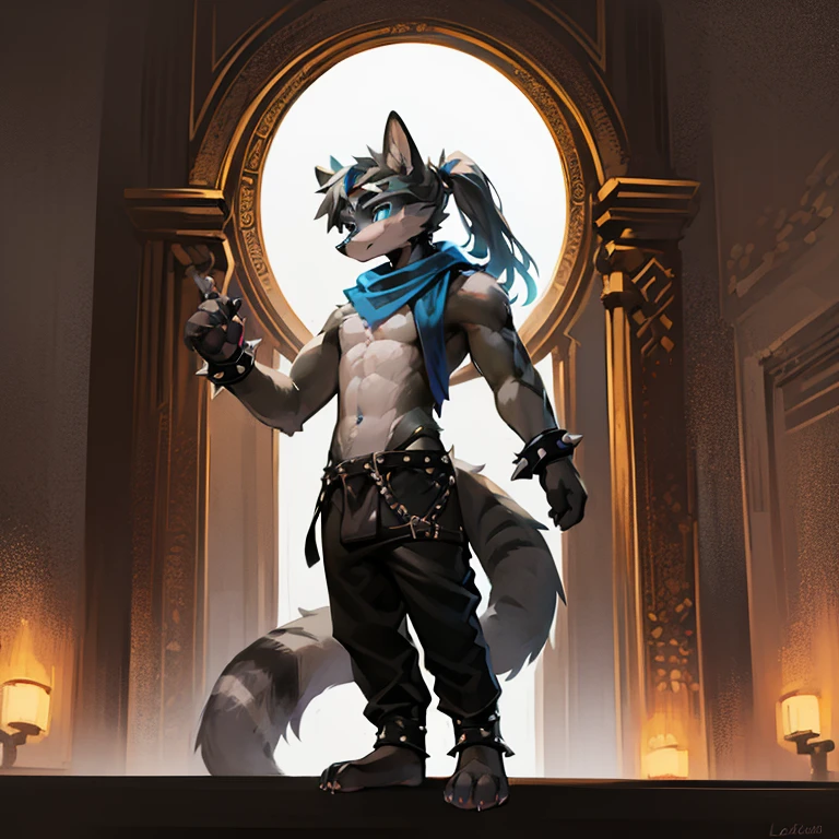 top quality, soft color, Vintage images, highres, High-quality illustrations, unparalleled masterpiece(movie of life)(furry anthro:1.7)absurd resolution (highly detailed beautiful face and eyes)perfect anatomy, expression, caustics, no lighting, deep shadow, dynamic angle, Solo, furry, teenccoon, grey body, long brown spiked ponytail, Detailed body fur, long blue scarf, leather_harness, black_loincloth, goggles, masterpiece, gray body, Detailed face, big eyebrows, blue eyes, detailed eyes, No muscles, Detailed hands, Flat body, Skinny, Detailed paws, metal cuffs on wrists, metal cuffs on ankles, black baggy pants, no shirt, no underwear, bar, nightclub, side view
