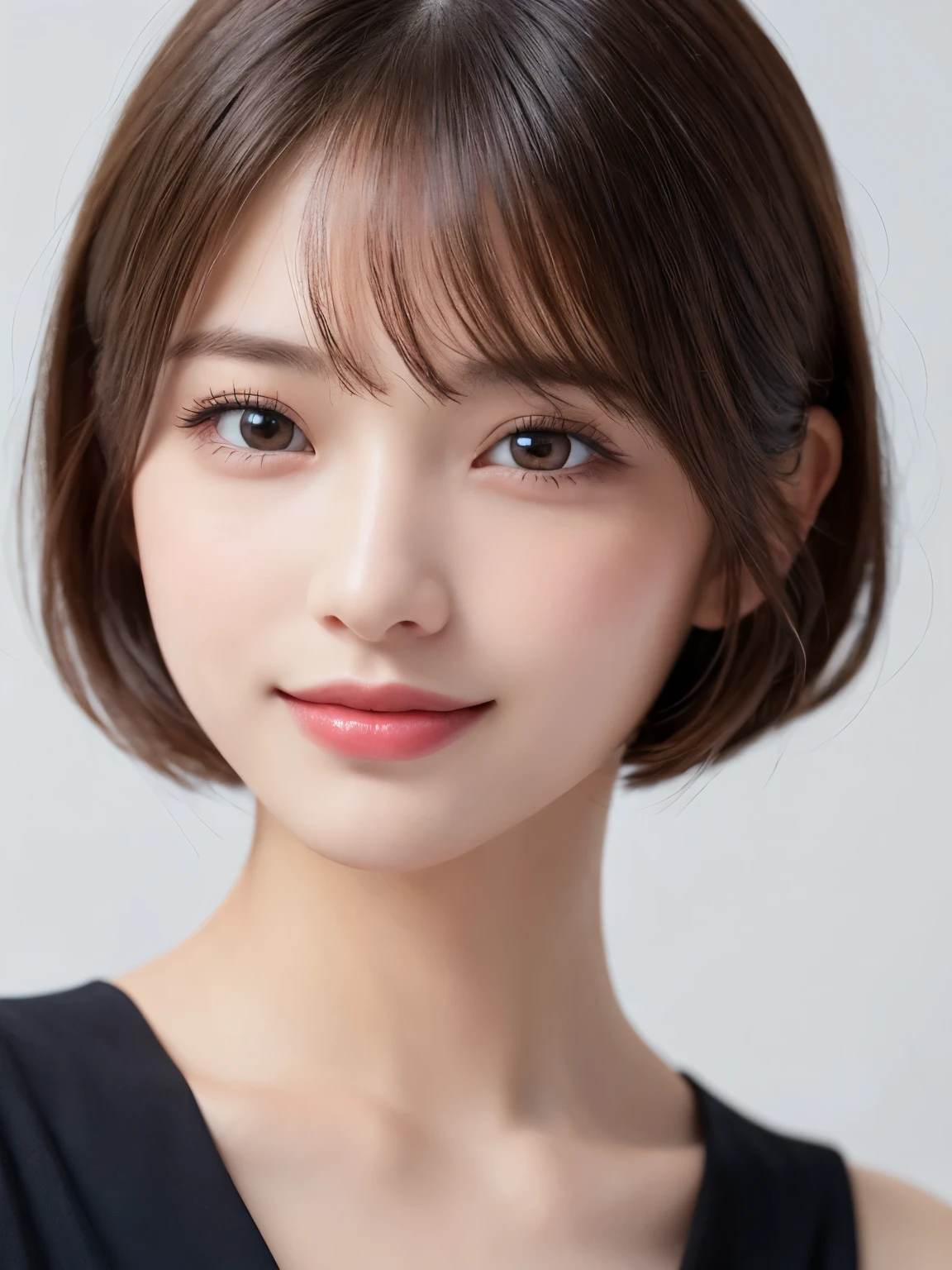 white background, half body portrait, bust shot, looks very happy, smile, one girl, (a beauty girl, delicate girl:1.3), (20 years old:1.3), break, (dress up as first lady), break, very fine eyes, (symmetrical eyes:1.3), break, D cup breasts, brown eyes, parted bangs, short hair, brown hair,  (eyes and faces with detailed:1.0), break, (masterpiece, best quality, ultra detailed, detailed face, 8k)