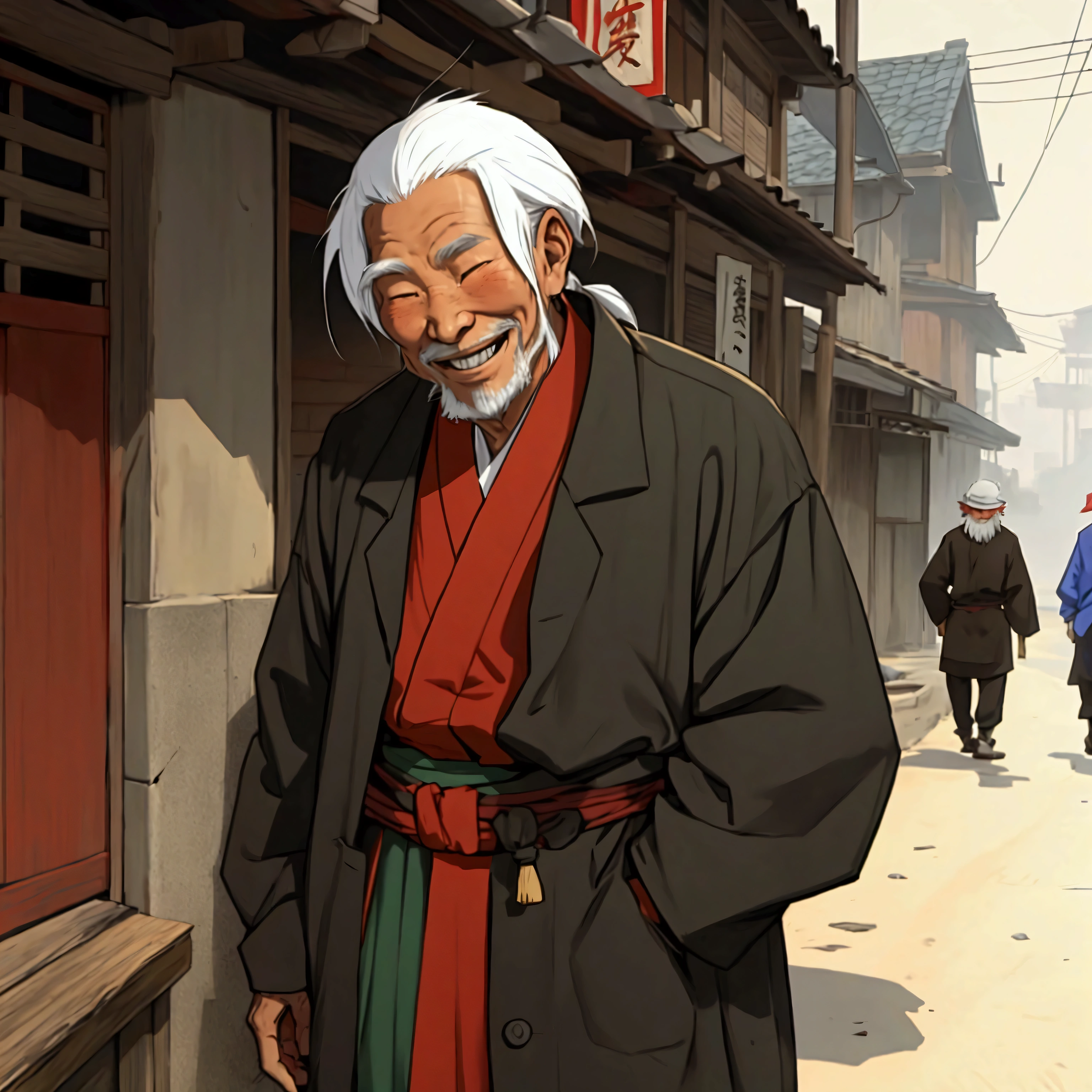 old asian homeless, smiling, black backround