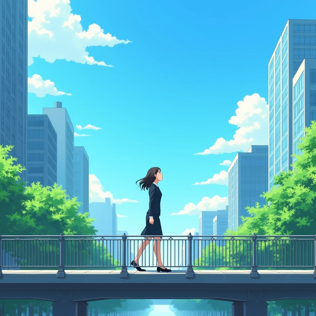 "Create a Ghibli-style anime image of a young female office worker (OL) wearing a crisp business suit, walking confidently on an overpass in a bustling city. She looks up at the clear, bright blue sky with a determined and hopeful expression. The cityscape features towering buildings, with vibrant green trees lining the roads below, their leaves shimmering in the sunlight. The scene captures a sense of optimism, ambition, and the magic of achieving one's dreams, with the warm, detailed animation