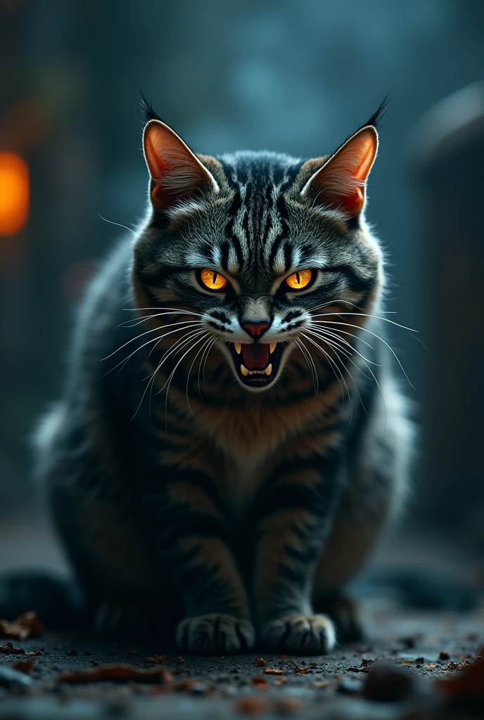 a furious cat, angry cat, feline, animal, 1 cat, detailed fur textures, intense glare, sharp claws, bared fangs, snarling expression, intense eyes, dramatic lighting, dark moody atmosphere, cinematic composition, highly detailed, photorealistic, 8k, HDR, dramatic shadows, vivid colors, masterpiece