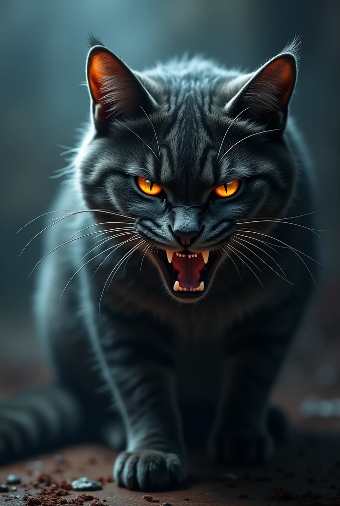 a furious cat, angry cat, feline, animal, 1 cat, detailed fur textures, intense glare, sharp claws, bared fangs, snarling expression, intense eyes, dramatic lighting, dark moody atmosphere, cinematic composition, highly detailed, photorealistic, 8k, HDR, dramatic shadows, vivid colors, masterpiece