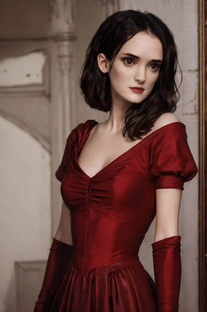 Young Winona ryder, caring expression, pale skin, red gown, victorian hair. Goth red background.