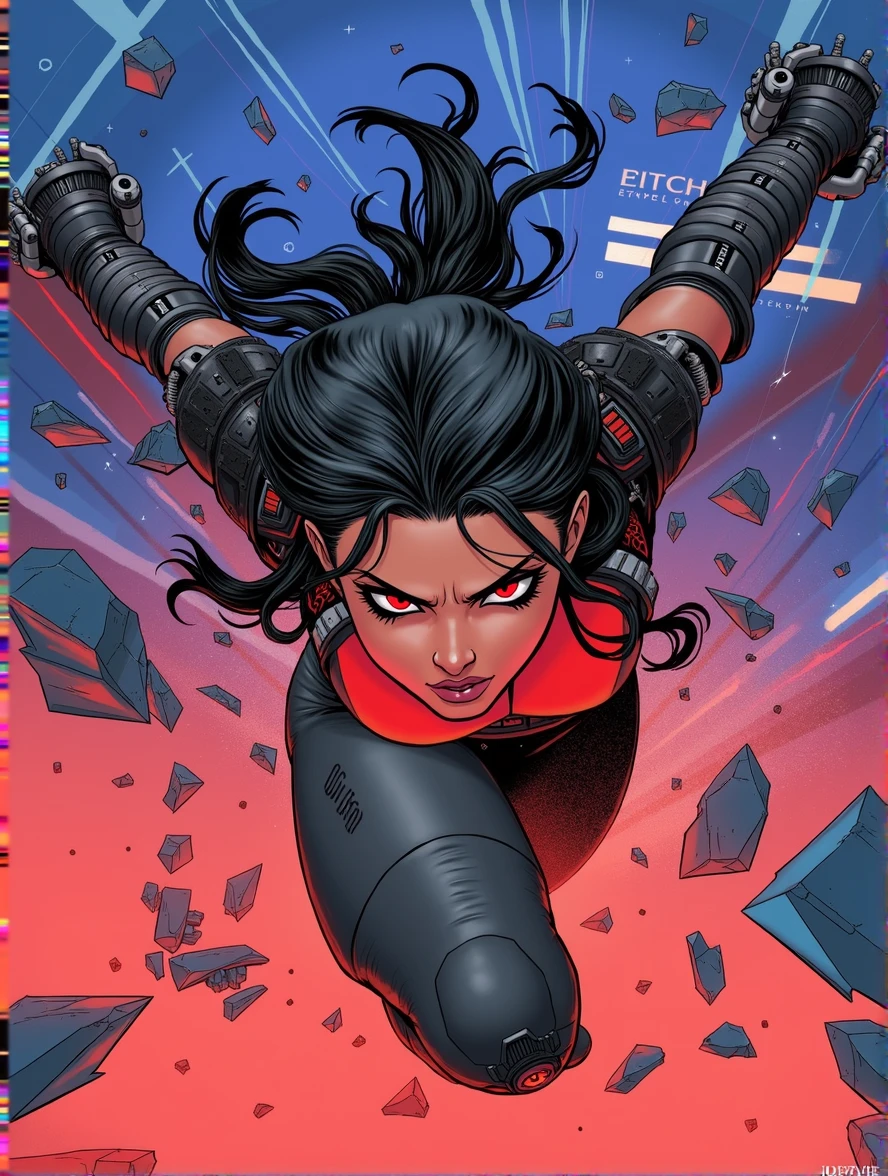 age girl, angry, flying at viewer, breaking through glass, super villainess, futuristic outfit, eerie red glow, flowing black hair, glowing red eyes, UHD, highly detailed, high resolution, masterpiece