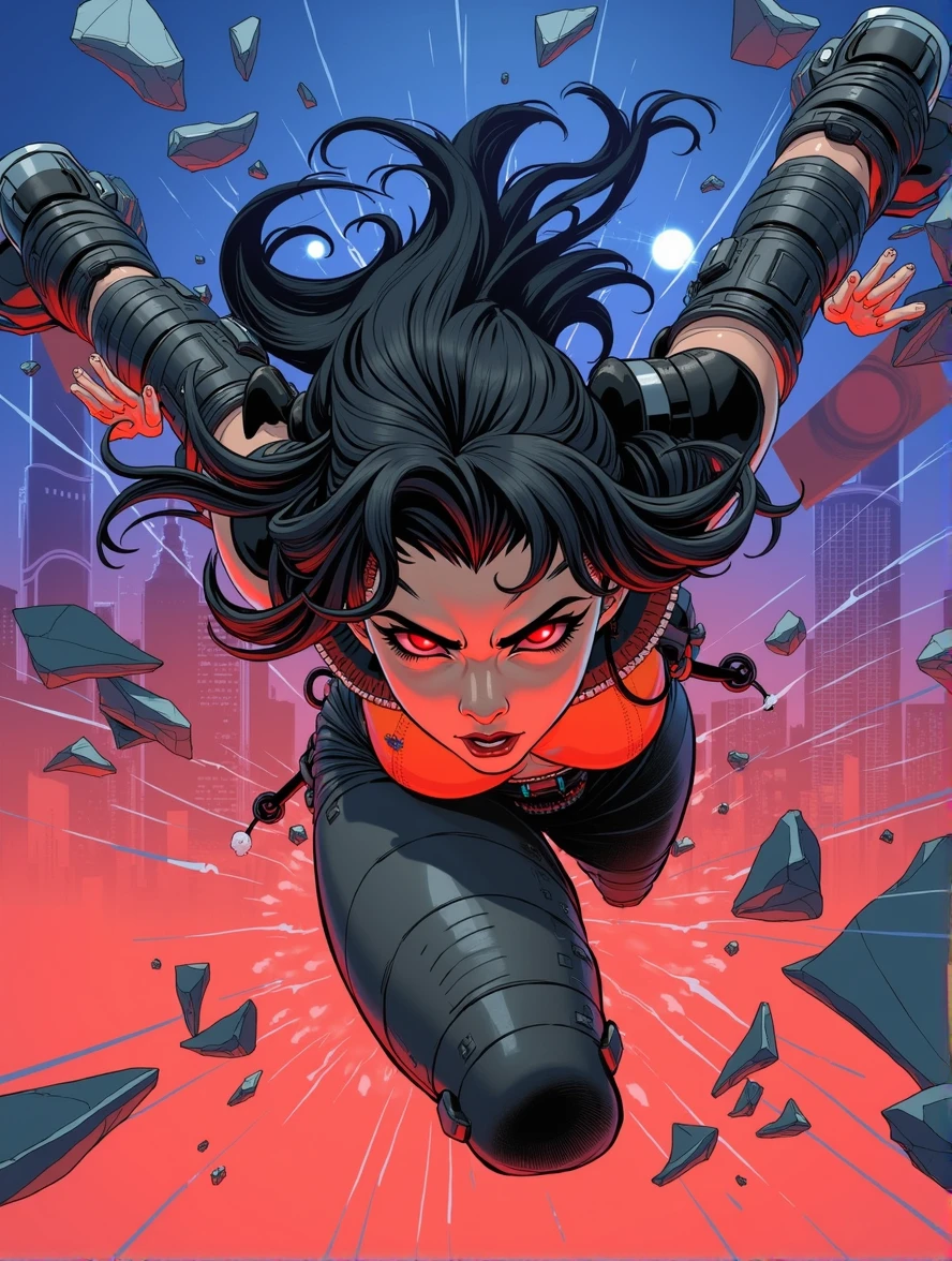 Teenage girl, angry, flying at viewer, breaking through glass, super villainess, futuristic outfit, eerie red glow, flowing black hair, glowing red eyes, UHD, highly detailed, high resolution, masterpiece 