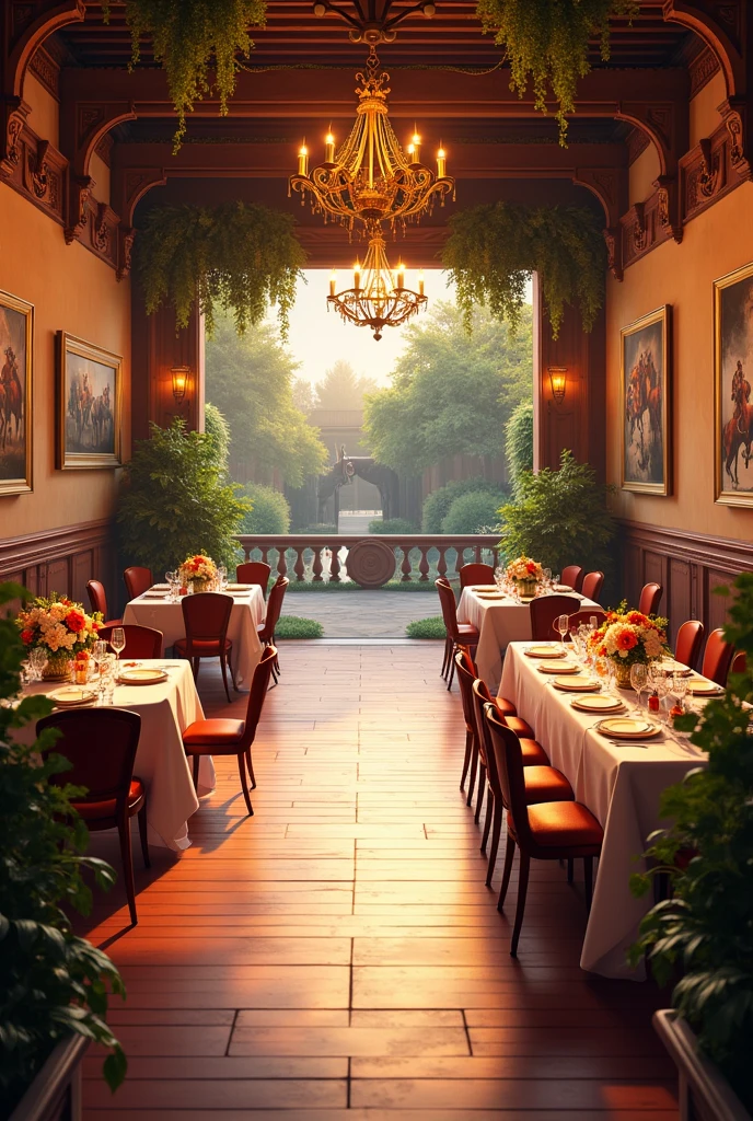 Empty party room, i.e., withouth People, containing specific decorations on the horseback riding theme. can make more than one image, with the interior and exterior. I want something simpler, also containing a decorated place for dinner and the band