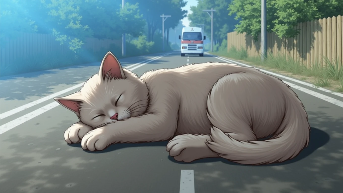 chat qui dors etalé sur la route