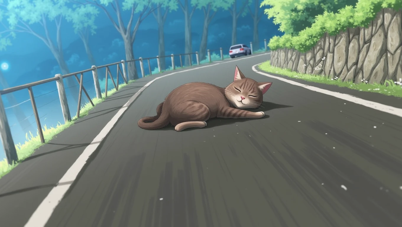 chat qui dors etalé sur la route