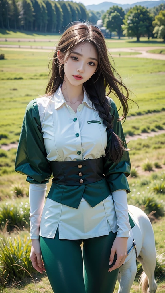 ulzzang-6500-v1.1, (RAW photo: 1.2), (Real photo), (Real photo: 1.4), 1 girl、Perfect anatomy、19 years old、Looking at the camera、Medium length hair、side braid, riding uniform, she is riding a white horse, walking on the deep green grassland, ((on the deep green grassland: 1.1))、(Hyperrealistic tights: 1.2), (Business service)、Asian eyes Ella,