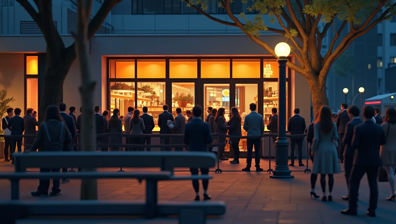 Professional night shot outside a modern restaurant. Busy scene with long queue outside. Neon orange lighting on the façade. View across the street, with the square in the foreground. Large windows revealing a crowded and warmly lit interior. Contrast between the cool blue night environment and the warm orange glow. Foreground slightly out of focus with trees and benches framing the shot. Sharp focus on the restaurant in the background. Moderate depth of field. Color palette: warm orange and cool blue dominant, with touches of white and yellow. Hyper-detailed 8K resolution, photorealistic quality. Soft, diffused lighting that enhances the atmosphere of urban nightlife.