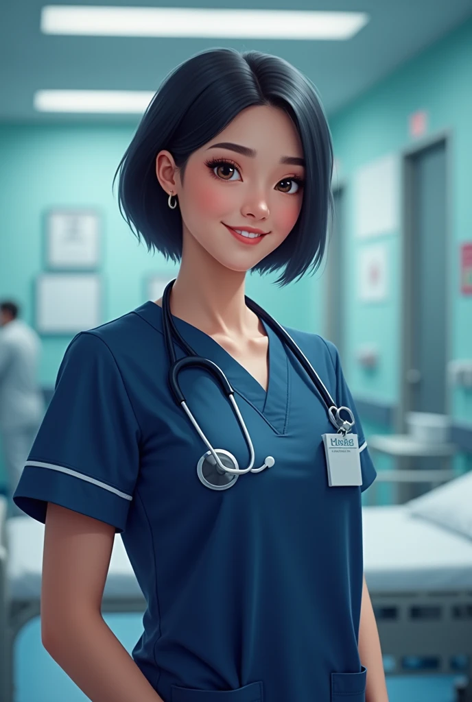 nurse in navy blue scrubs without a coat