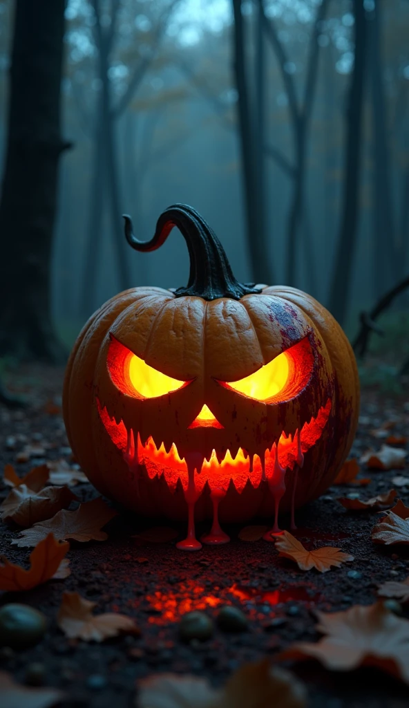 a halloween pumpkin with blood, pumpkin illuminated from the inside, scary, halloween scene, macabre, leaf floor in the forest, blood, dark night ,pumpkin with blood, more blood,