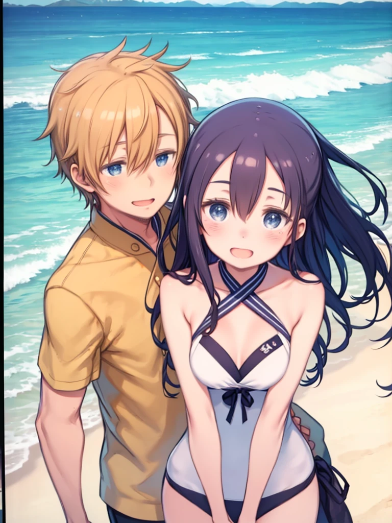 1 mature woman、1 male,Fresh face,Walking together、Dating at the beach、Two people walking hand-in-hand on the sandy beach、See each other、smile、Open your mouth a little、Summer landscape、Swimwear、Upper Body、blush、Shy、To intertwine each other's arms、