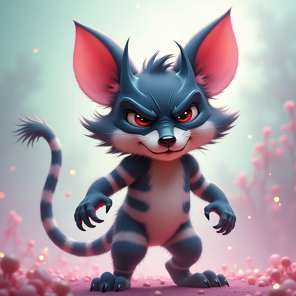 A whismical caricature of anthropomorphic “Tasmanian-Devil” wearing batman mask soft pastel colors errhernal punk atmosphere.