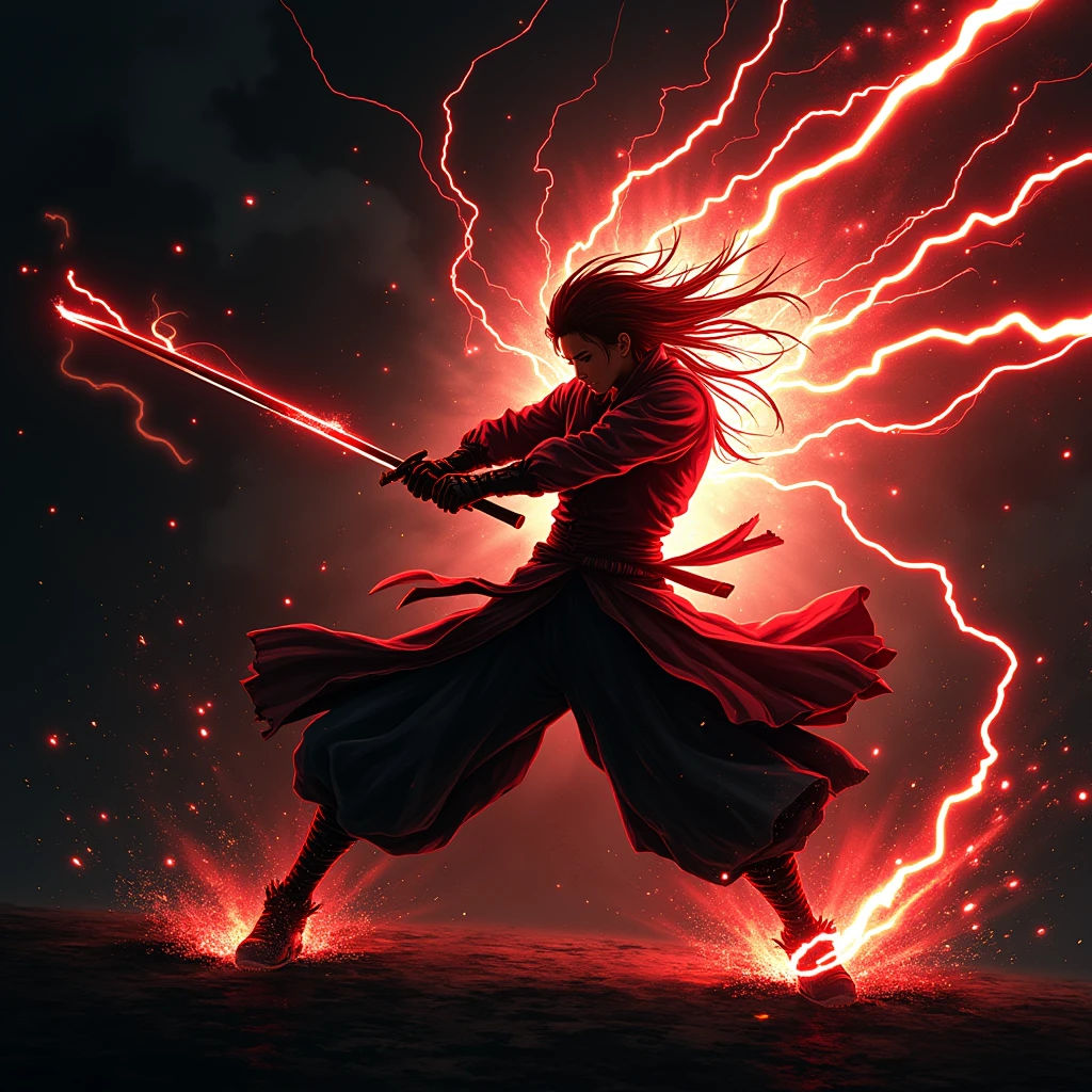 .((Best Quality)), ((masterpiece)), ((detailed)), ((High Definition)), an electric aura of sword cuts in anime style, all color red lightning, with the black silhouette of a swordsman in the center, dynamic movements, fighting pose, sword thrust, running fast forward, with the lightning on his back, cutting the air, as it moves forward, technique, from the red lightning sword god . With a black background.