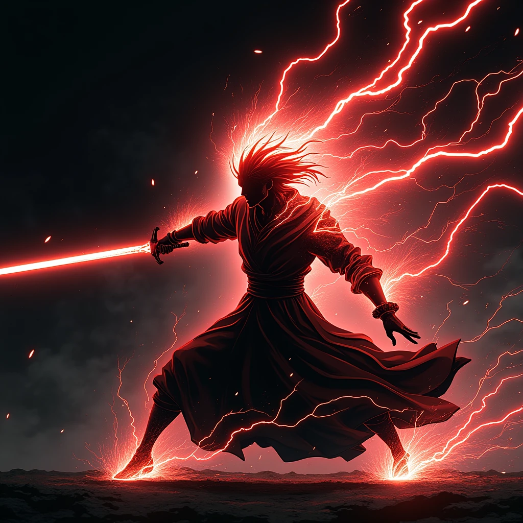 .((Best Quality)), ((masterpiece)), ((detailed)), ((High Definition)), an electric aura of sword cuts in anime style, all color red lightning, with the black silhouette of a swordsman in the center, dynamic movements, fighting pose, sword thrust, running fast forward, with the lightning on his back, cutting the air, as it moves forward, technique, from the red lightning sword god . With a black background.