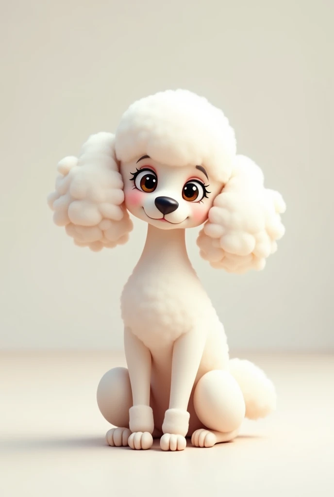White and very flat poodle, with a thin snout, short neck and wavy ears, everything animated that is sitting
