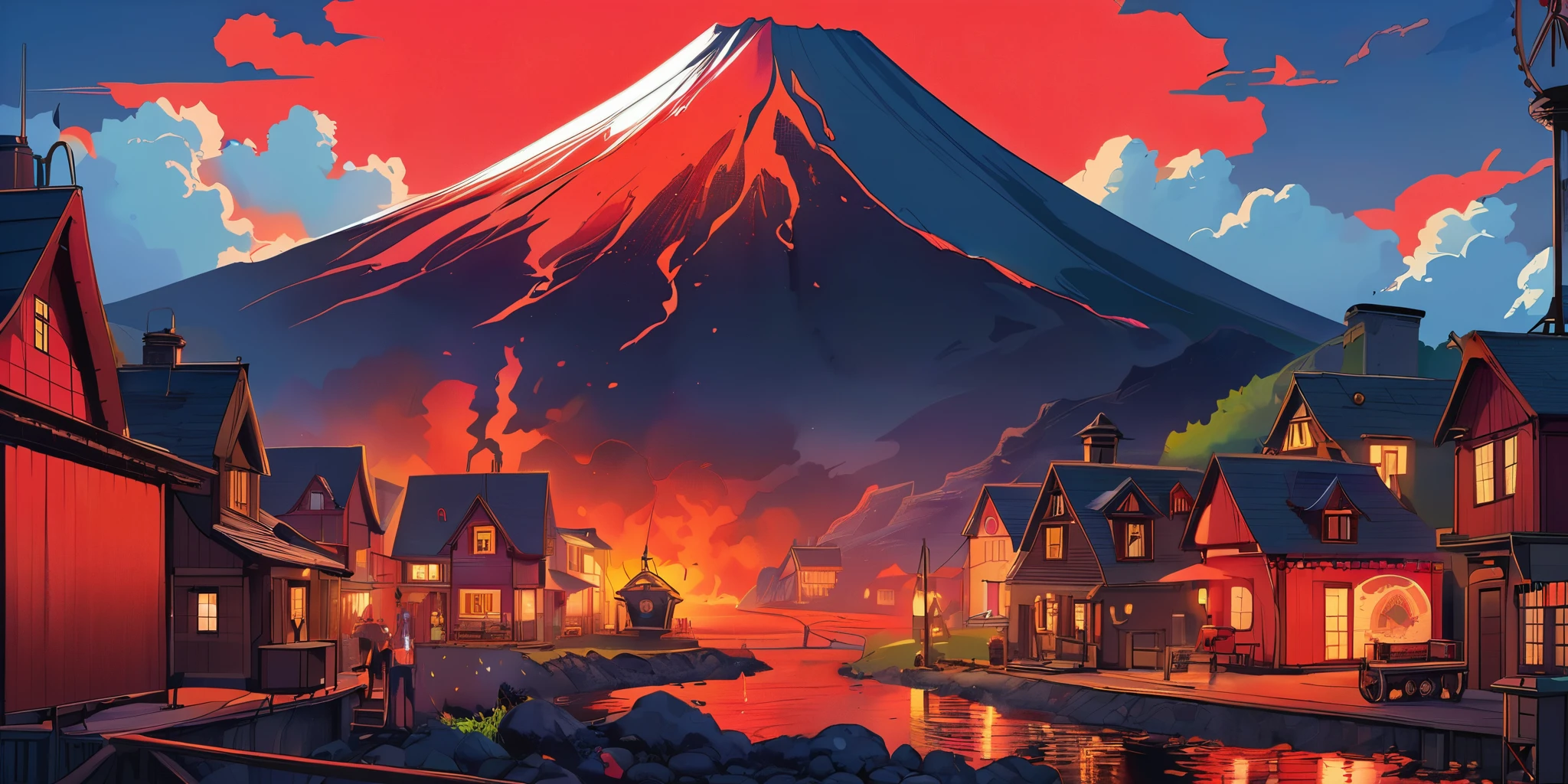 Dessinez une affiche d'anime lofi, village, volcan, Décoration Steampunk, lave, Lumière, une belle palette de couleurs en noir rouge, couleurs saturées vibrantes, ouvrages d'art, les jours, thème animé