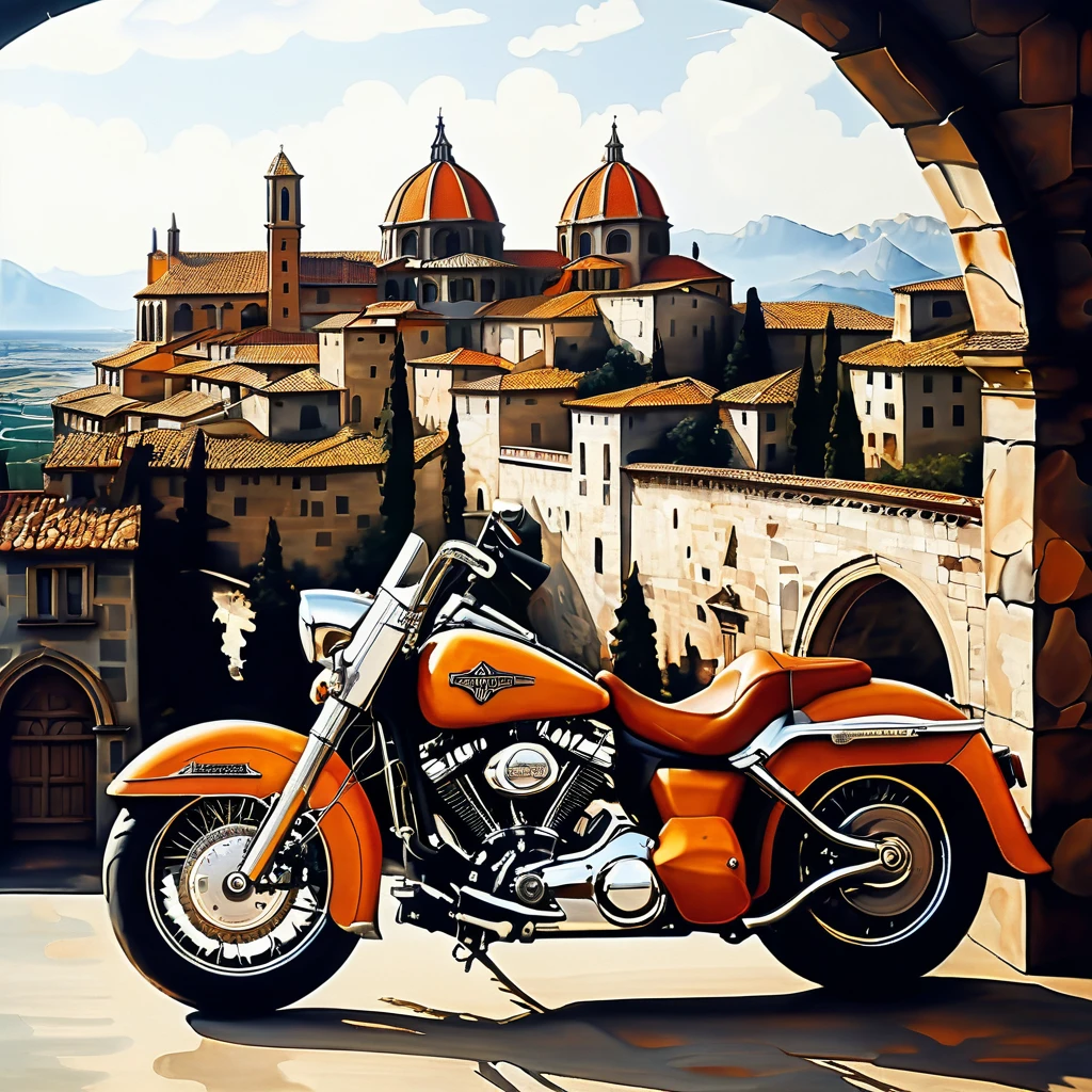 harley davidson road glider with medieval town background and a beautiful landscape in the style of Michelangelo Buonarroti 