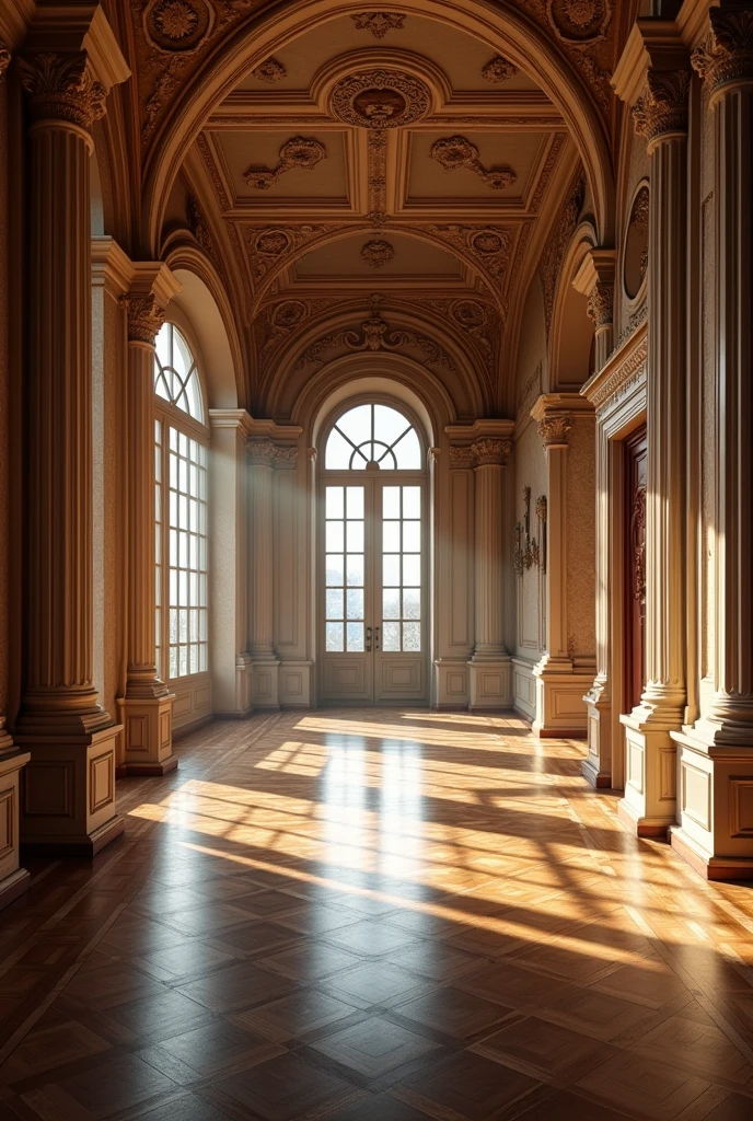 A spacious ballroom with Renaissance architecture, elegant parquet flooring, and ornate moldings on the walls. The decor is lavish, with soft lighting and tall windows allowing moonlight to enter, contrasting with the almost medieval atmosphere of the place.Realista,cinematic, 8k