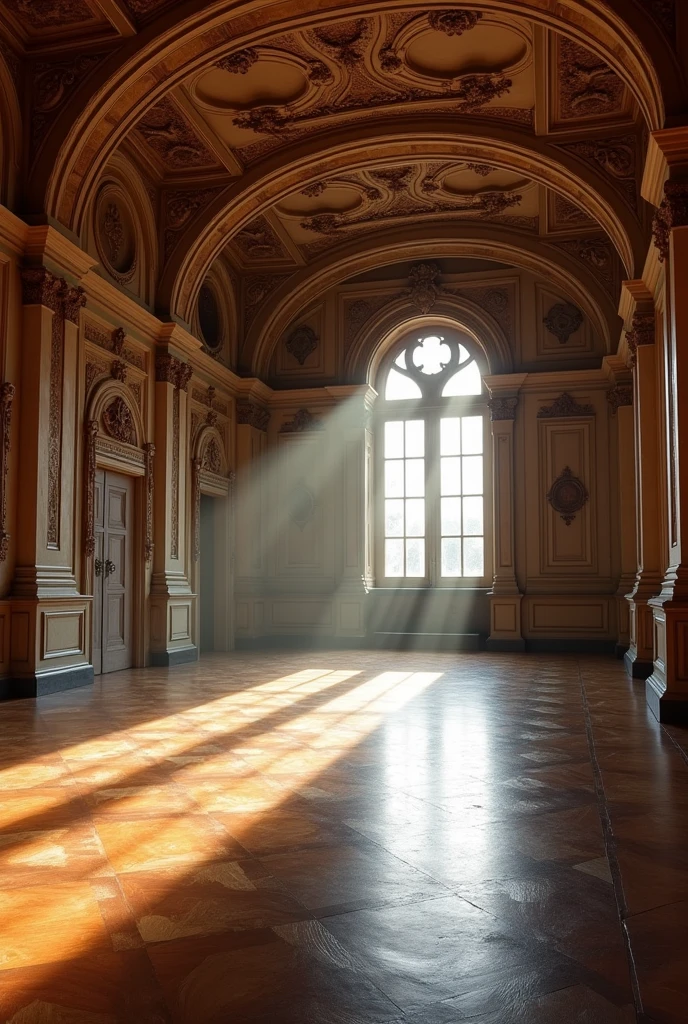 A spacious ballroom with Renaissance architecture, elegant parquet flooring, and ornate moldings on the walls. The decor is lavish, with soft lighting and tall windows allowing moonlight to enter, contrasting with the almost medieval atmosphere of the place.Realista,cinematic, 8k