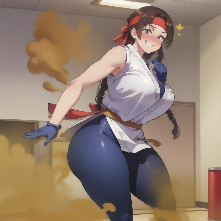 (masterpiece, best quality, high resolution, unity 8k wallpaper, extremely detailed CG:1), (illustration:1.0), 1girl,solo, yurims, headband, dougi, spandex, gloves, blush, hip attack pose, launching hip, farting, massive fart, Smiling, relieved face, alone at dojo
