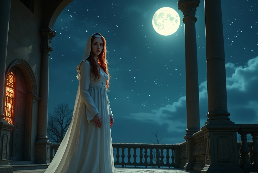 (no nudity: 1.5), a picture of an exquisite beautiful female nun vampire standing under the starry night sky on the porch of her monastery, (pale skin: 1.3), red hair, wavy hair, dynamic eyes color, cold eyes, glowing eyes, intense eyes, dark red lips, ((fangs: 1.1)), wearing (white nun uniform: 1.3), long cloak, flowing cloak, wearing (high heeled boots: 1.3), sky full of stars background, moon, action shot, high details, best quality, 16k, ((ultra detailed: 1.5)), masterpiece, best quality, portrait shot, photorealism, dark fantasy art, gothic art, many stars, sense of dread, GlowingRunesAI_red, Cinematic Hollywood Film style, , dark novel, Cinematic Hollywood Film style