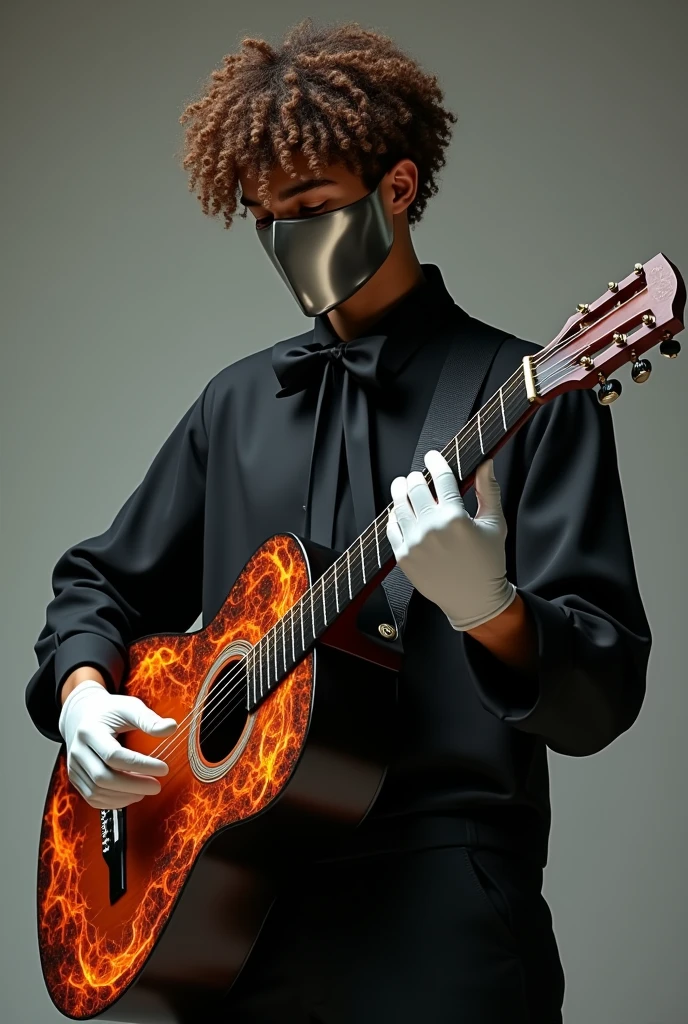 Create an image of a young adult man with brown skin and curly hair., with a silver mask, a black bow around his neck, with white gloves, playing a black acoustic guitar with fire details on it and he is dressed in black