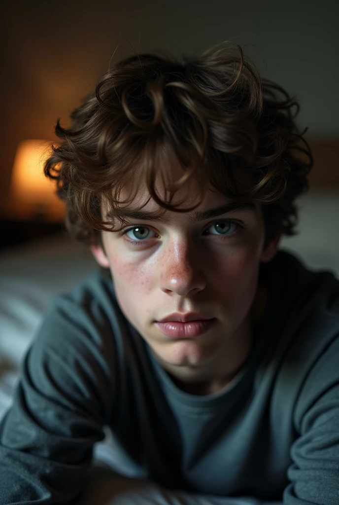 Teen boy with curtains hair style. Messy brown hair. At night home. Selfie
