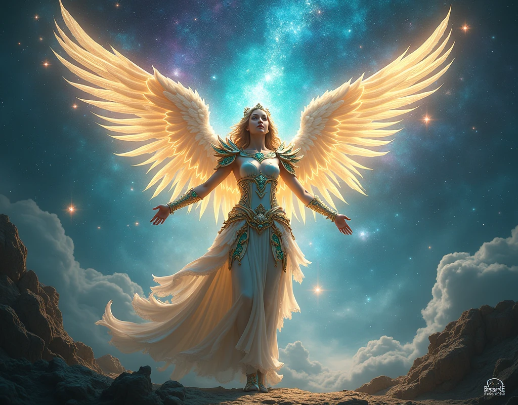 (Masterpiece:1.4), (rare:1.4), a stunning depiction of a celestial being, radiating divine energy, with intricate, otherworldly armor made of shimmering crystals and precious metals, (a background filled with a cosmic landscape of swirling galaxies, stars, and nebulae:1.2), (the celestial being holding an ancient, glowing artifact that pulses with mystical energy:1.2), (large, ethereal wings made of light and stardust that spread majestically across the scene:1.2), (a harmonious color palette of deep blues, purples, and golds, with vibrant highlights of emerald and sapphire:1.2), (perfect image quality:1.4), (an artistic representation that evokes a sense of awe, reverence, and timeless beauty:1.2), (highly detailed and refined textures:1.2), (divine light illuminating the scene, casting soft, radiant glows:1.2), (dynamic composition with a focus on symmetry and balance:1.2)