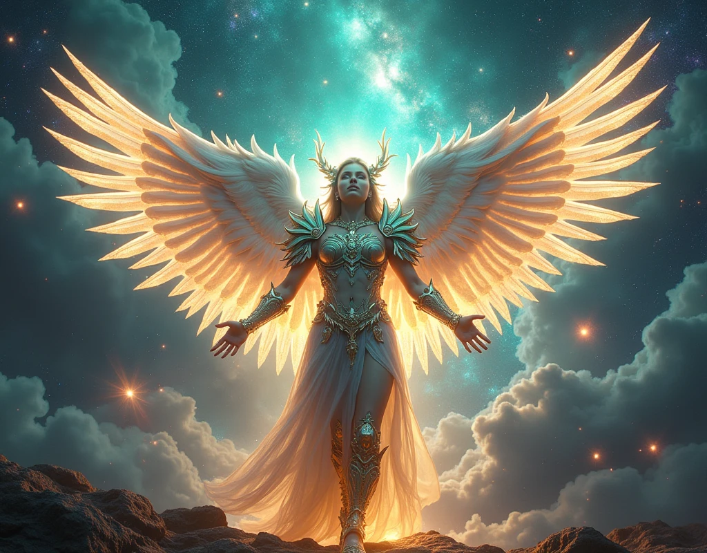 (Masterpiece:1.4), (rare:1.4), a stunning depiction of a celestial being, radiating divine energy, with intricate, otherworldly armor made of shimmering crystals and precious metals, (a background filled with a cosmic landscape of swirling galaxies, stars, and nebulae:1.2), (the celestial being holding an ancient, glowing artifact that pulses with mystical energy:1.2), (large, ethereal wings made of light and stardust that spread majestically across the scene:1.2), (a harmonious color palette of deep blues, purples, and golds, with vibrant highlights of emerald and sapphire:1.2), (perfect image quality:1.4), (an artistic representation that evokes a sense of awe, reverence, and timeless beauty:1.2), (highly detailed and refined textures:1.2), (divine light illuminating the scene, casting soft, radiant glows:1.2), (dynamic composition with a focus on symmetry and balance:1.2)