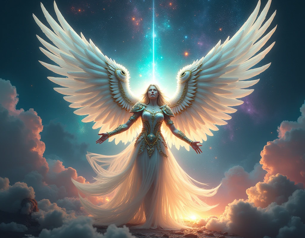 (Masterpiece:1.4), (rare:1.4), a stunning depiction of a celestial being, radiating divine energy, with intricate, otherworldly armor made of shimmering crystals and precious metals, (a background filled with a cosmic landscape of swirling galaxies, stars, and nebulae:1.2), (the celestial being holding an ancient, glowing artifact that pulses with mystical energy:1.2), (large, ethereal wings made of light and stardust that spread majestically across the scene:1.2), (a harmonious color palette of deep blues, purples, and golds, with vibrant highlights of emerald and sapphire:1.2), (perfect image quality:1.4), (an artistic representation that evokes a sense of awe, reverence, and timeless beauty:1.2), (highly detailed and refined textures:1.2), (divine light illuminating the scene, casting soft, radiant glows:1.2), (dynamic composition with a focus on symmetry and balance:1.2)