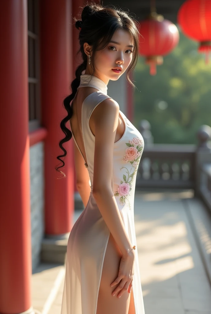 Young Asian girl in white cheongsam with embroidery looking sexy, long bare legs look over her shoulder from the back in a Chinese temple