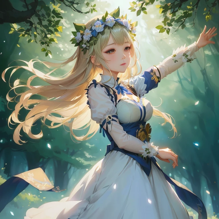 anime girl in a blue dress with a flower crown on her head, a maid in a magical forest, guweiz on pixiv artstation, guweiz on artstation pixiv, marin kitagawa fanart, guweiz, trending on artstation pixiv, cute anime waifu in a nice dress, cushart krenz key art feminine