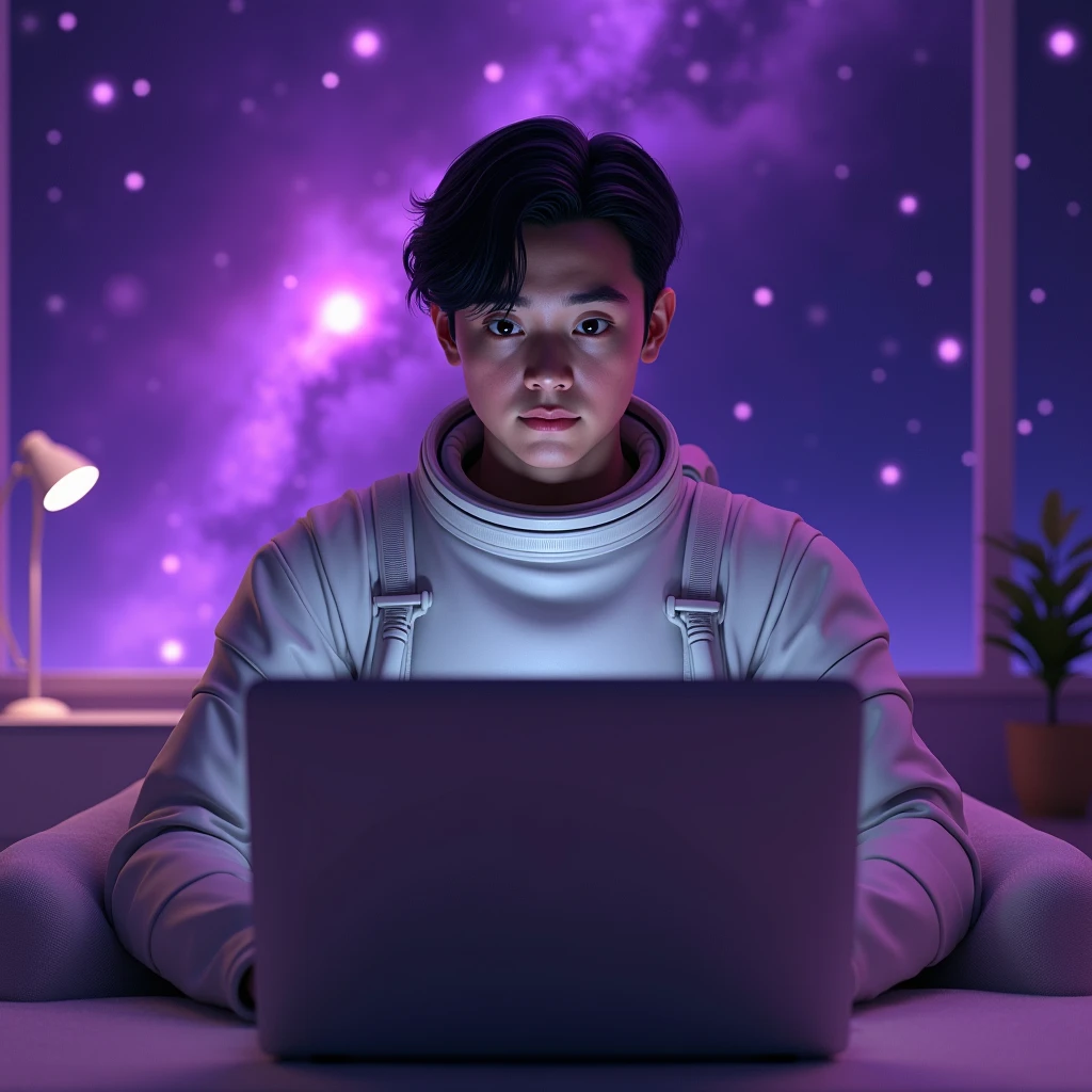 full zoom clean sitting front pose of a little human astronaut avatar of freelancer working casually on MacBook sitting in room in galaxy with purple background in galaxy