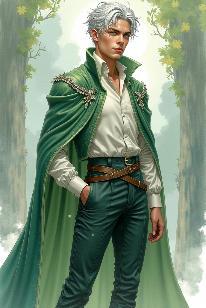 Create a realistic watercolor illustration of a fae man approximately 25 years old, tall and ethereal. He has short silver-white hair, green eyes, and pale skin. Rowan should have a formidable presence and magical beauty. He should be dressed in an elegant, high-collared shirt, stylized, fitted pants, and a regal, ethereal cloak with silver sparkles that reflect his royal fae heritage. Depict him in full body, with a pose that highlights his fae lineage and magical aura. The background should feature natural magical elements, such as enchanted forests or mystical landscapes, with an epic atmosphere. Use bright colors and mystical details to enhance his magical presence.