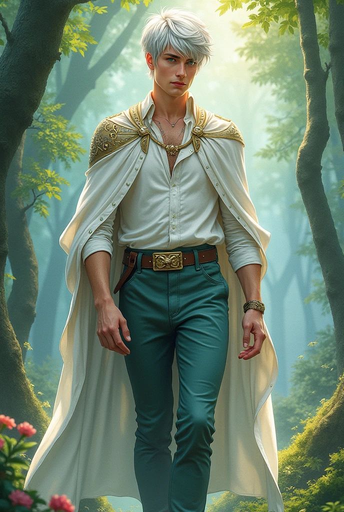 Create a realistic watercolor illustration of a fae man approximately 25 years old, tall and ethereal. He has short silver-white hair, green eyes, and pale skin. Rowan should have a formidable presence and magical beauty. He should be dressed in an elegant, high-collared shirt, stylized, fitted pants, and a regal, ethereal cloak with silver sparkles that reflect his royal fae heritage. Depict him in full body, with a pose that highlights his fae lineage and magical aura. The background should feature natural magical elements, such as enchanted forests or mystical landscapes, with an epic atmosphere. Use bright colors and mystical details to enhance his magical presence.