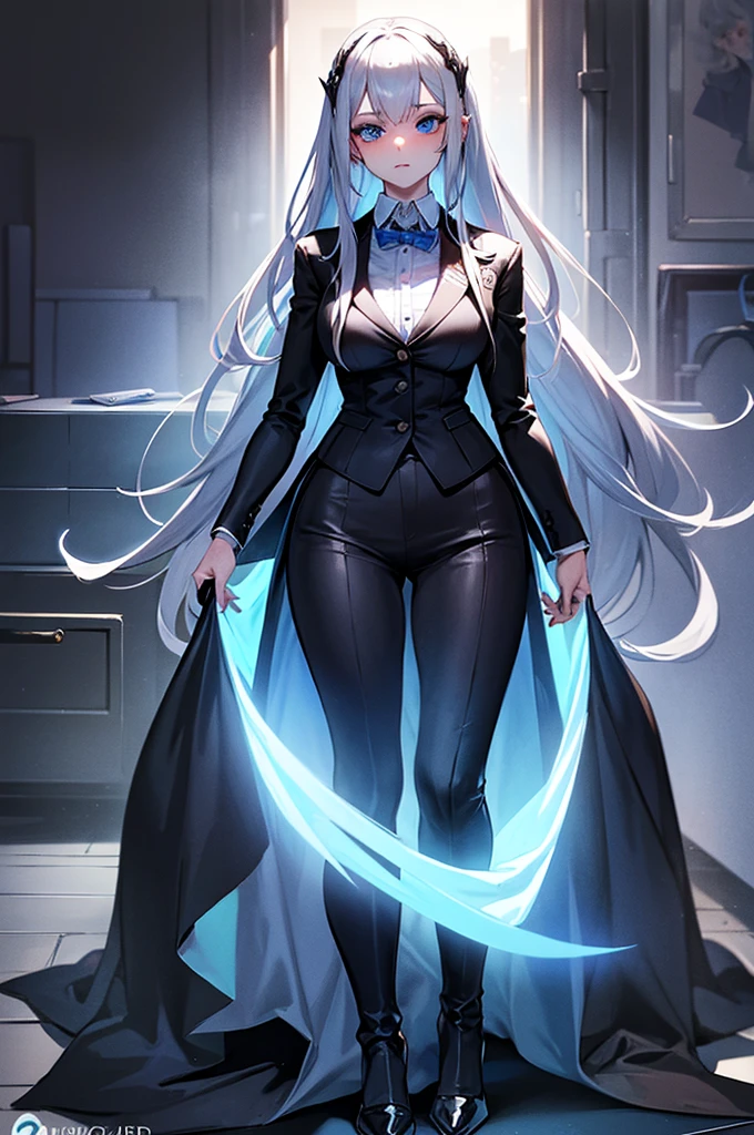 A beautiful woman with long silver hair and piercing blue eyes, wearing formal office attire, full body portrait, highly detailed, concept art style, photorealistic, 8K, masterpiece