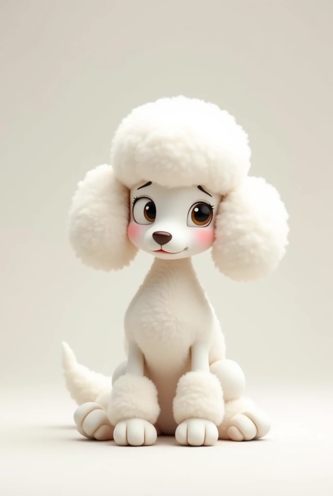 White and very flat poodle, with a thin snout, short neck and wavy ears, everything animated that is sitting