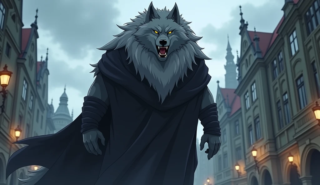 Fluffy anime Fenrir wearing black clothes in a dark Prague