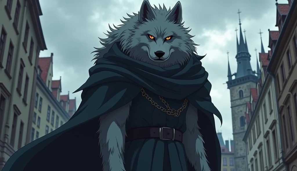 Fluffy anime Fenrir wearing black clothes in a dark Prague