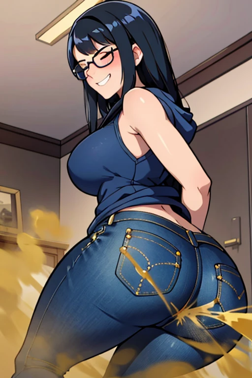 solo,1girl,black hair ,blues eyes ,tareme, hair bang, long hair, gleaming skin, glasses, sleeveless hoodie, blue jeans, massive , fartush, lifting ass, closedes, clenching teeth, alone in a room, smiling