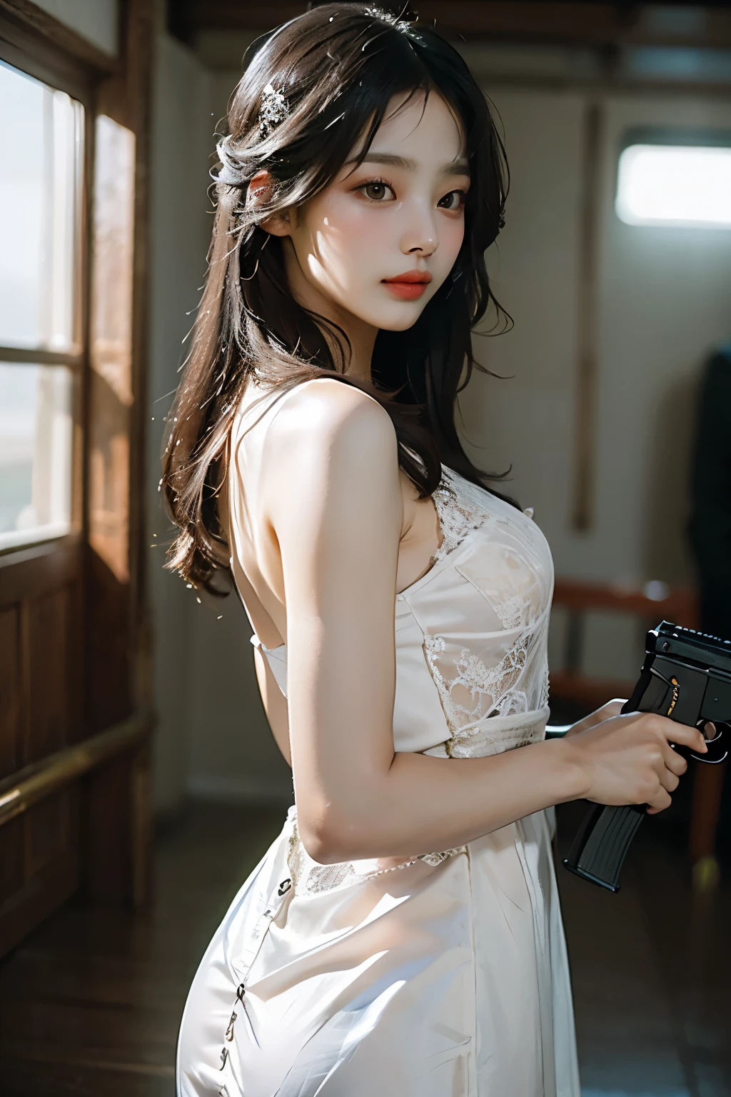 (highest image quality), (masterpiece), (vibrant, photography realistic, Realistic, Dramatic, dark, Sharp focus, 32K), beautiful, Highly detailed face and skin texture, sexy wedding dress, ethereal beauty, mature asian woman,black long hair, make up, nsfw ,Close up shot, ((backlight)), holding the gun, Secret Agent, sniper agent, small breast,all see through dress,beautiful girl,