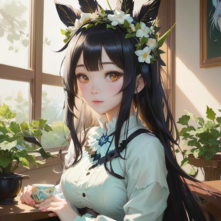 anime girl with long black hair and flower crown sitting at a table, anime moe artstyle, artwork in the style of guweiz, anime style 4 k, painted in anime painter studio, beautiful anime portrait, [ 4 k digital art ]!!, cute anime girl, beautiful anime girl, hestia, pretty anime girl, guweiz on pixiv artstation