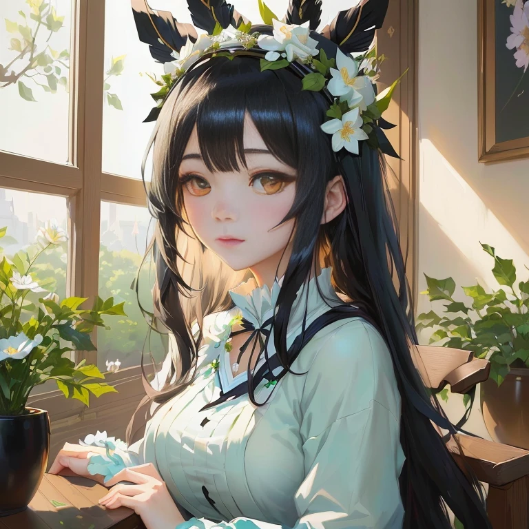 anime girl with long black hair and flower crown sitting at a table, anime moe artstyle, artwork in the style of guweiz, anime style 4 k, painted in anime painter studio, beautiful anime portrait, [ 4 k digital art ]!!, cute anime girl, beautiful anime girl, hestia, pretty anime girl, guweiz on pixiv artstation