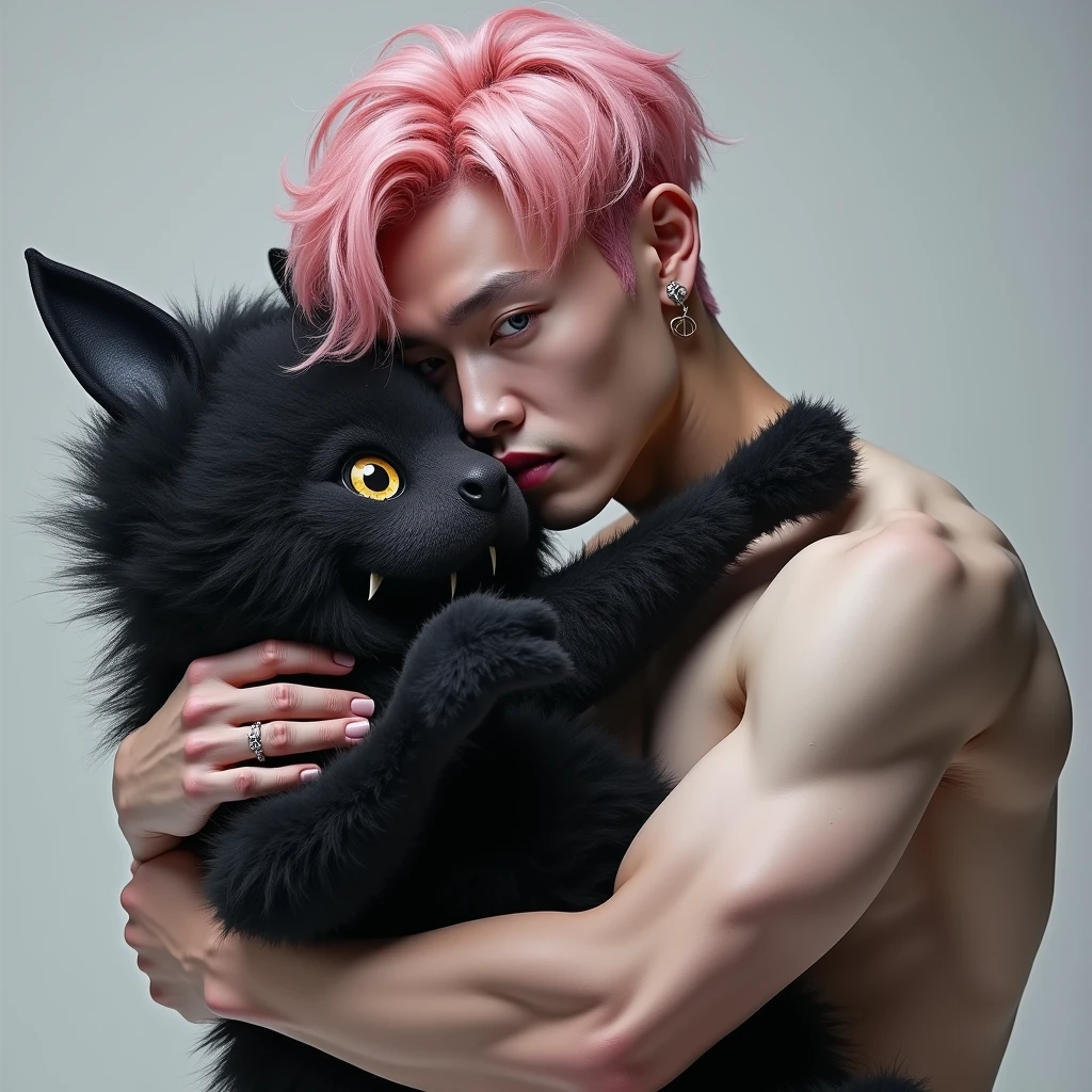Korean male idol with a muscular build, pale skin, and pink hair, hugging a realistic gothic stuffed animal