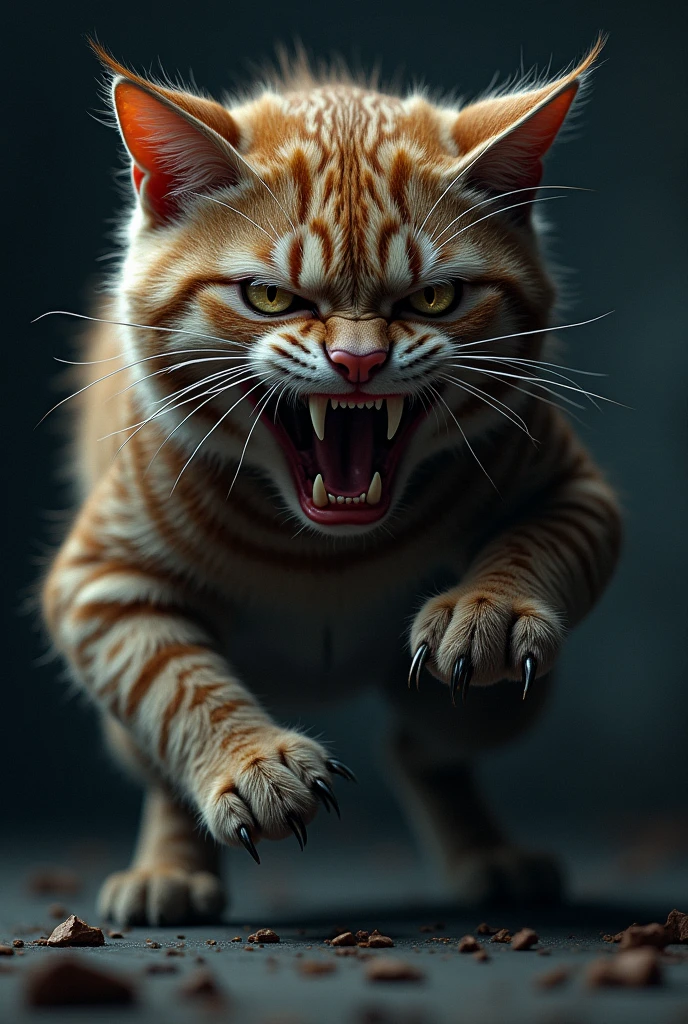 A furious feline, detailed fur texture, piercing eyes, sharp claws, intense expression, dramatic lighting, cartoon, dark moody atmosphere, cinematic composition, gritty grunge style, deep rich colors, dramatic shadows, ultra-detailed, (best quality,4k,8k,highres,masterpiece:1.2),ultra-detailed,(realistic,photorealistic,photo-realistic:1.37)