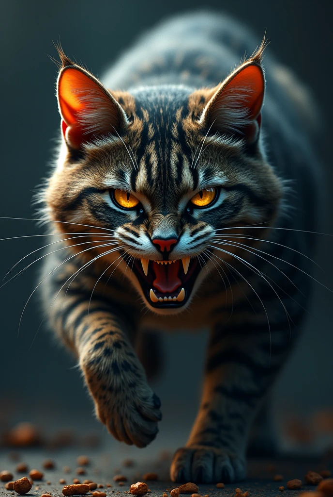 A furious feline, detailed fur texture, piercing eyes, sharp claws, intense expression, dramatic lighting, cartoon, dark moody atmosphere, cinematic composition, gritty grunge style, deep rich colors, dramatic shadows, ultra-detailed, (best quality,4k,8k,highres,masterpiece:1.2),ultra-detailed,(realistic,photorealistic,photo-realistic:1.37)